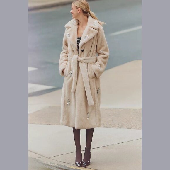 NEW Avec Les Filles Sizes M, L Embellished Faux Fur Belted Long Coat - Natural - Picture 5 of 5
